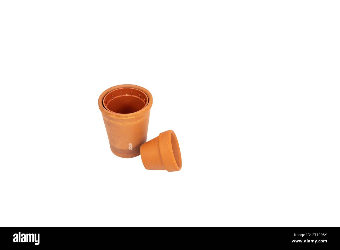 Small clay pots on white isolated background Stock Photo Alamy