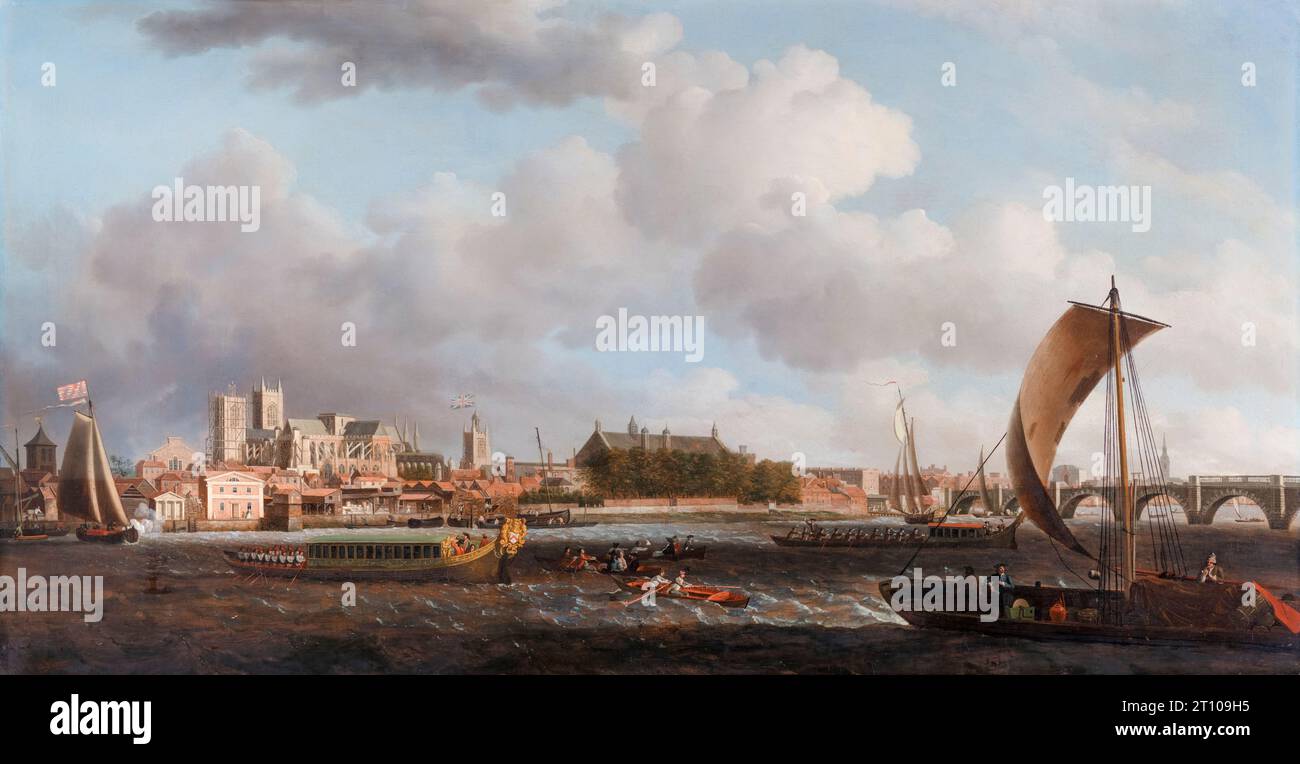 Westminster from Lambeth with the Ceremonial Barge of the Ironmongers' Company, landscape painting in oil on canvas by Samuel Scott, circa 1745 Stock Photo