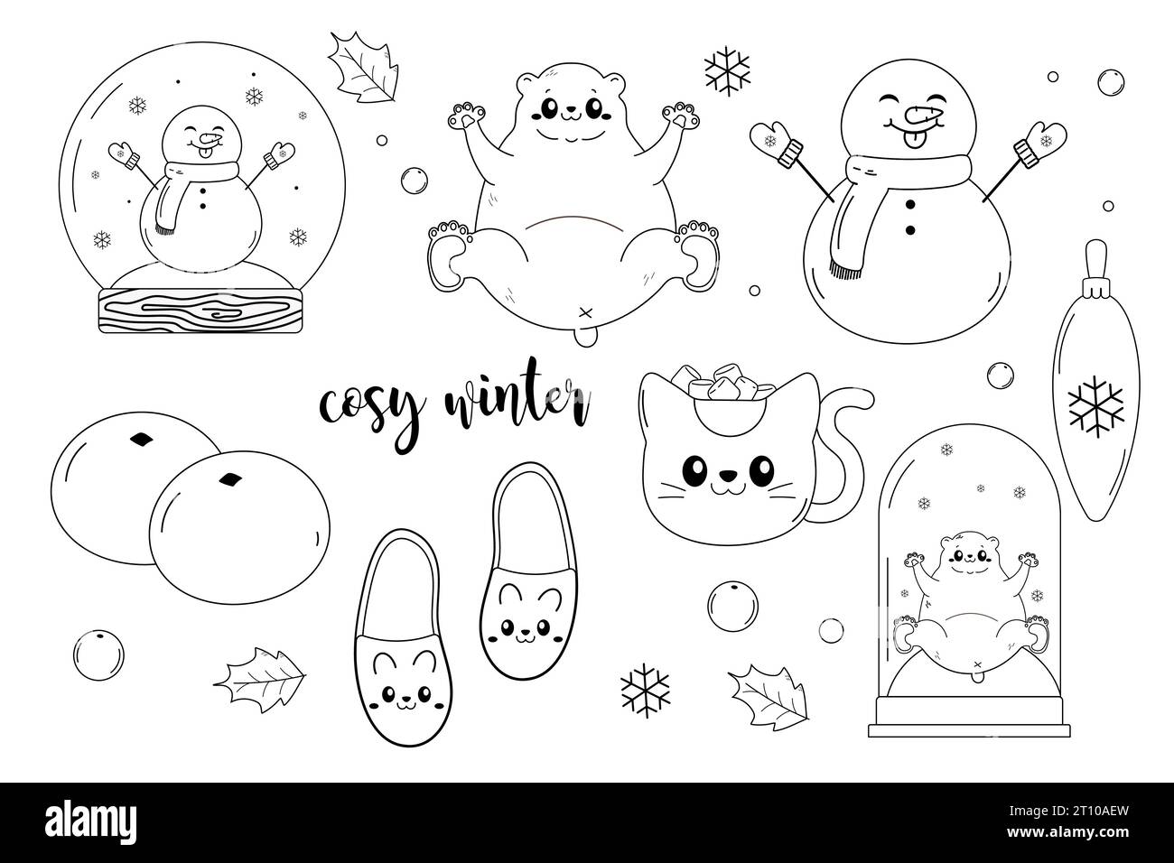 Cozy winter linart set clipart, polar bear, snow globe, tangerines, snowman, slippers. Vector illustration Stock Vector