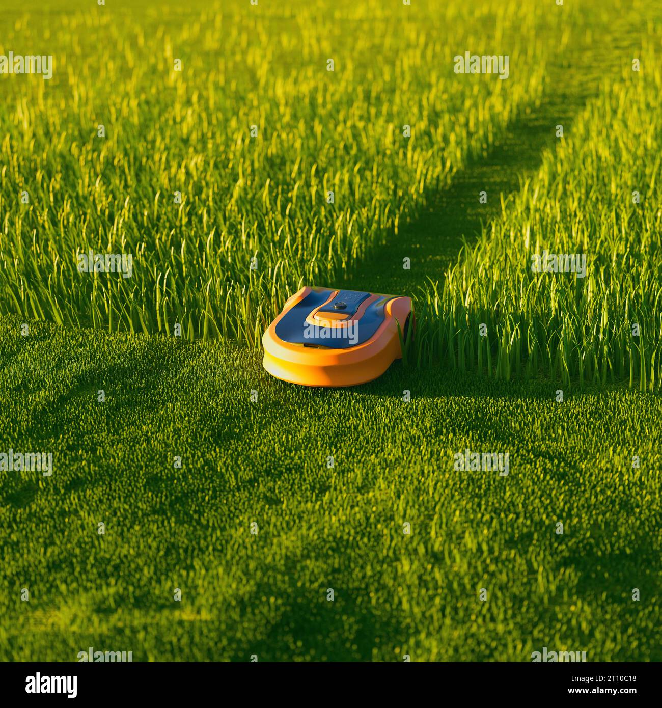 A lawn robot in the middle of the grass yard. Robotic lawnmower ...