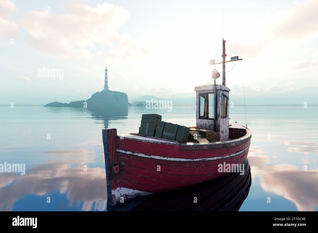 An illicit weapon smuggling operation captured in this 3D rendering image. The scene features an old fishing boat loaded with wooden crates, hinting a Stock Photo