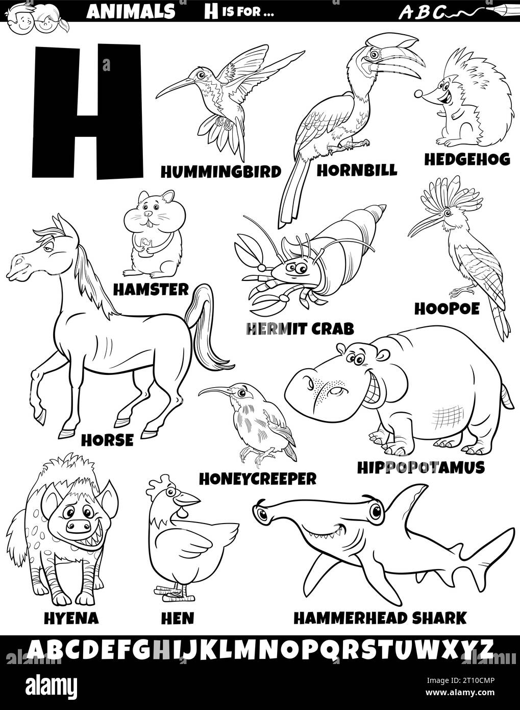 Cartoon illustration of animal characters set for letter H coloring page Stock Vector