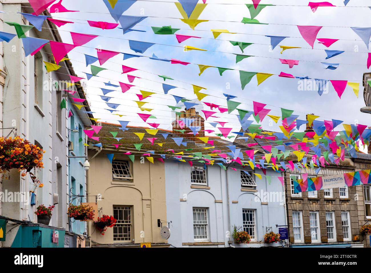 Falmouth town centre Cornwall street bunting across church street,England,UK Stock Photo