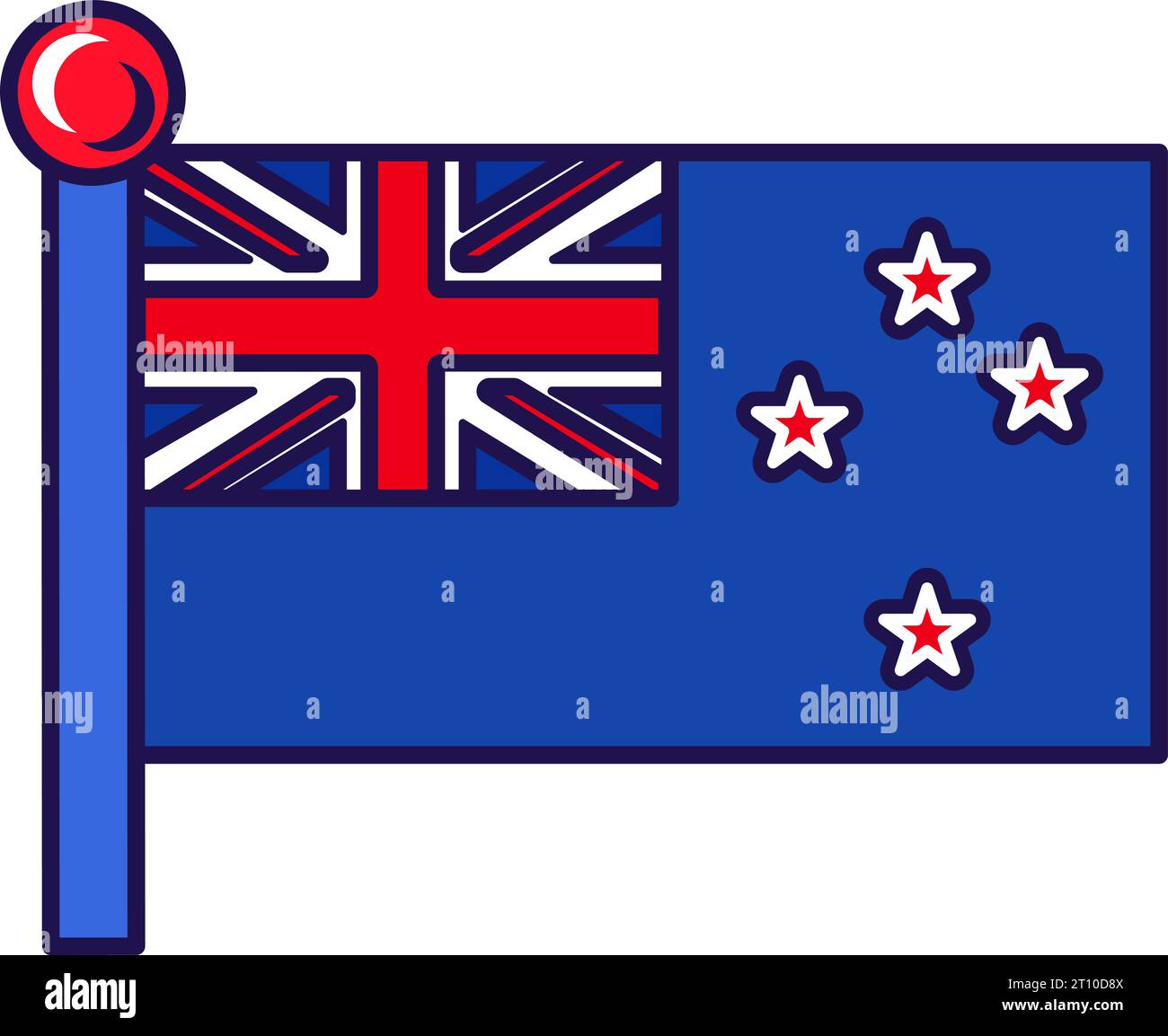 New zealand country nation flag on flagpole vector. Blue ensign with union jack and red stars with white borders on fly representing southern cross. O Stock Vector