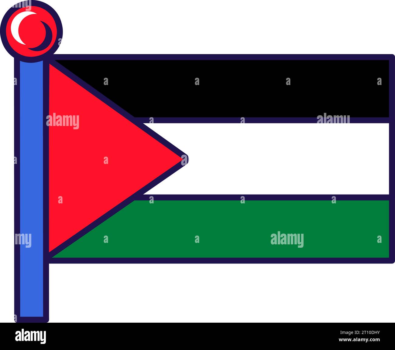 Palestine country nation flag on flagpole vector. Horizontal tricolor of black, white and green with red triangle based at hoist. Asian state territor Stock Vector