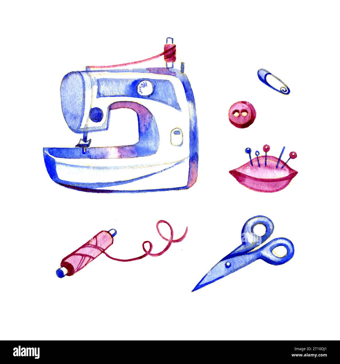 watercolor drawing, sewing machine, thread, needlework Stock Photo Alamy