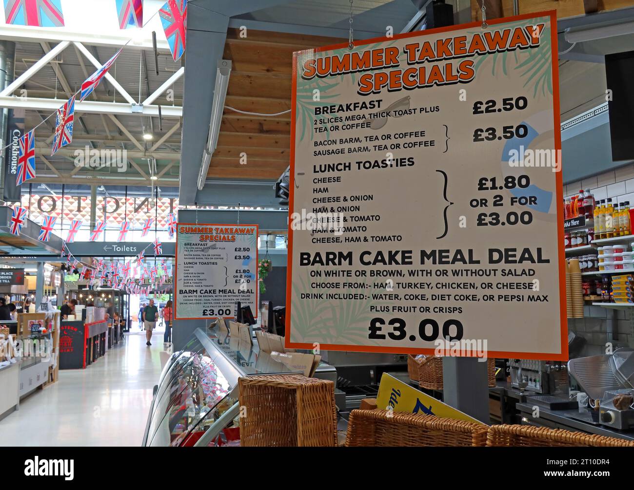 Summer Takeaway Specials - Barm Cake Meal Deal - Breakfast , Lunch Toasties at Time Square, Warrington Market, Cheshire, WA1 2HN Stock Photo
