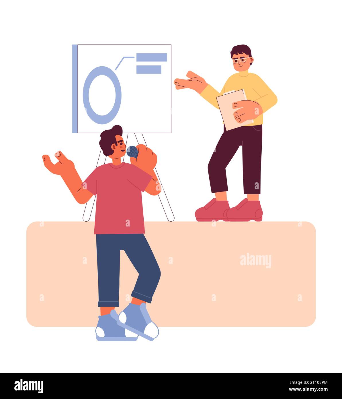 Panel speaker answering question audience cartoon flat illustration