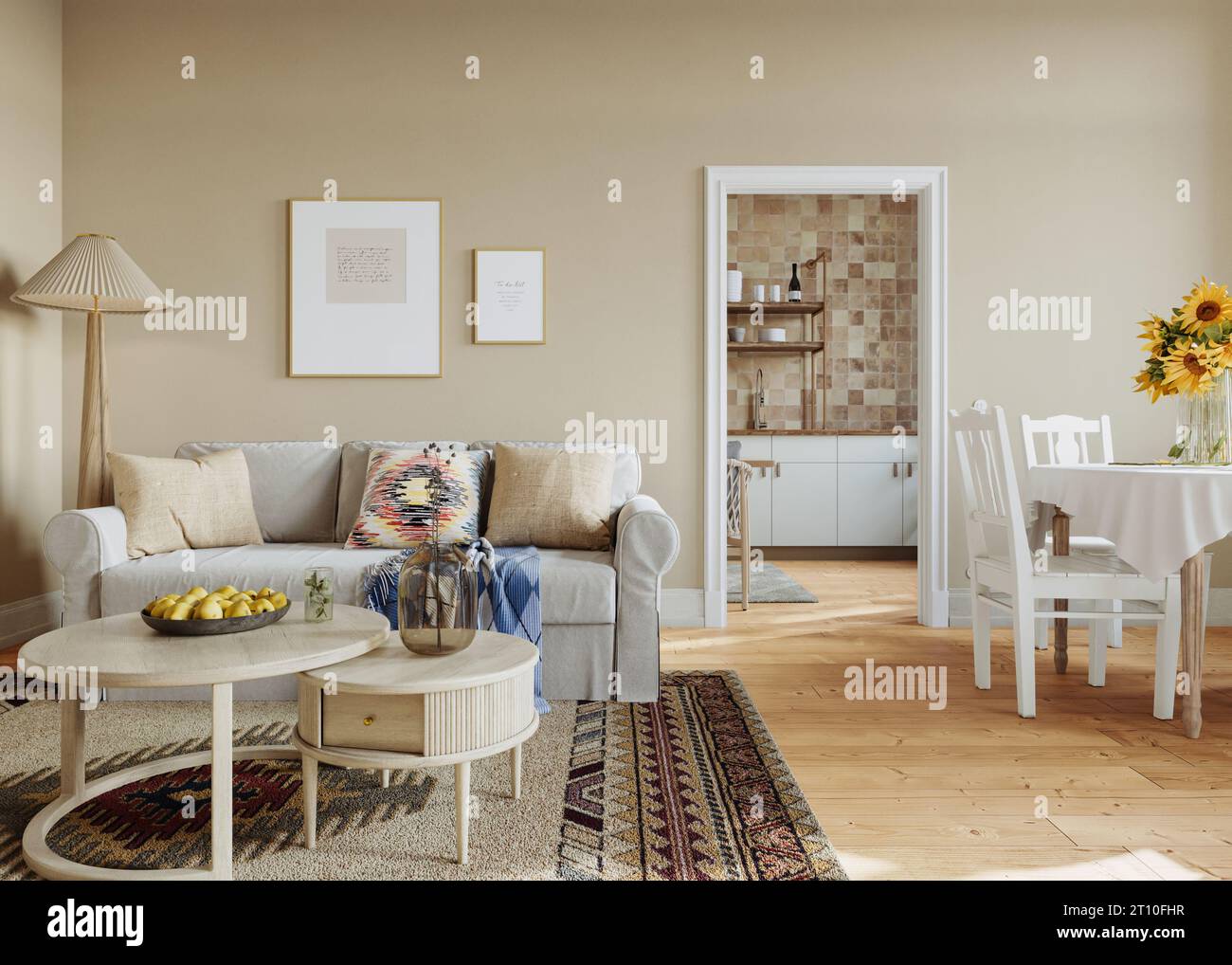 View of Scandinavian interior design of the living room in soft neutral tones ...