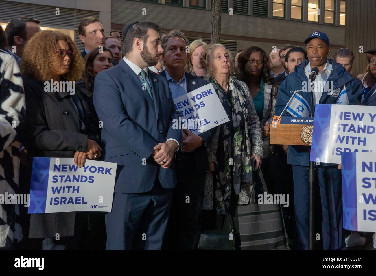 New York City Mayor Eric Adams speaks at a Candlelight Vigil for Victims of Terrorist Attacks in Israel at Manhattan's Golda Meir Square in New York City. On October 7, the Palestinian militant group Hamas launched a surprise attack on Israel from Gaza by land, sea, and air, killing over 900 people and wounding more than 2000.  According to reports, 130 Israeli soldiers and civilians have also been kidnapped by Hamas and taken into Gaza. The attack prompted a declaration of war by Israeli Prime Minister Benjamin Netanyahu, and ongoing retaliatory strikes by Israel on Gaza killing hundreds. (Ph Stock Photo