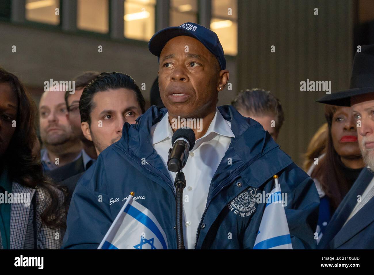 New York City Mayor Eric Adams speaks at a Candlelight Vigil for Victims of Terrorist Attacks in Israel at Manhattan's Golda Meir Square in New York City. On October 7, the Palestinian militant group Hamas launched a surprise attack on Israel from Gaza by land, sea, and air, killing over 900 people and wounding more than 2000. According to reports, 130 Israeli soldiers and civilians have also been kidnapped by Hamas and taken into Gaza. The attack prompted a declaration of war by Israeli Prime Minister Benjamin Netanyahu, and ongoing retaliatory strikes by Israel on Gaza killing hundreds. (Ph Stock Photo