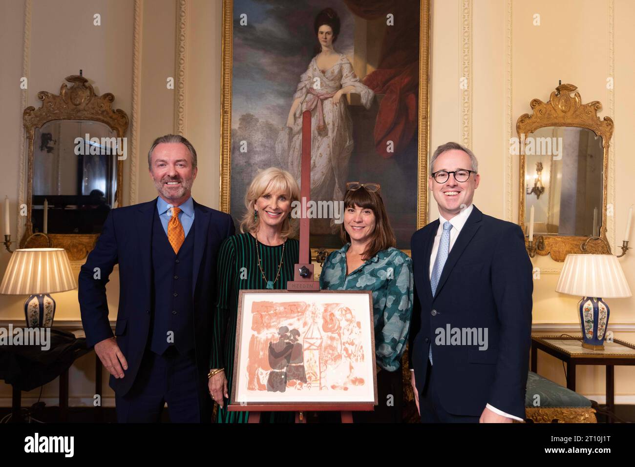 EDITORIAL USE ONLY (Left to right) Matthew Orr, Sybil Robson Orr, Eliza Gluckman, Director, Government Art Collection, DCMS and Baron Stephen Parkinson, Parliamentary Under Secretary of State of Department for Culture, Media and Sport unveil a new piece of artwork entitled 'Ngaben' at 10 Downing Street, as British artist Michael Armitage is announced as the winner of the Robson Orr TenTen Award 2023 by the Government Art Collection, London. Picture date: Tuesday October 10, 2023. Stock Photo