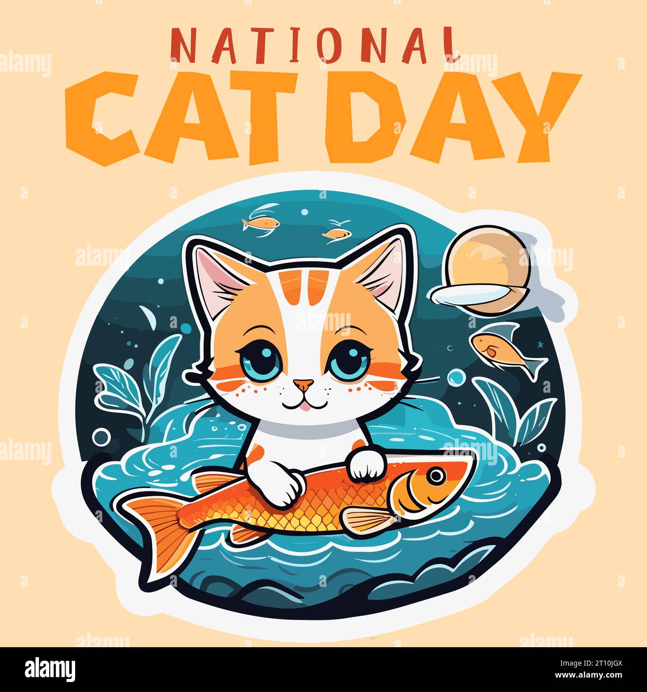 National Cat Day banner a cute cartoon Cat hunting Fish, holding on