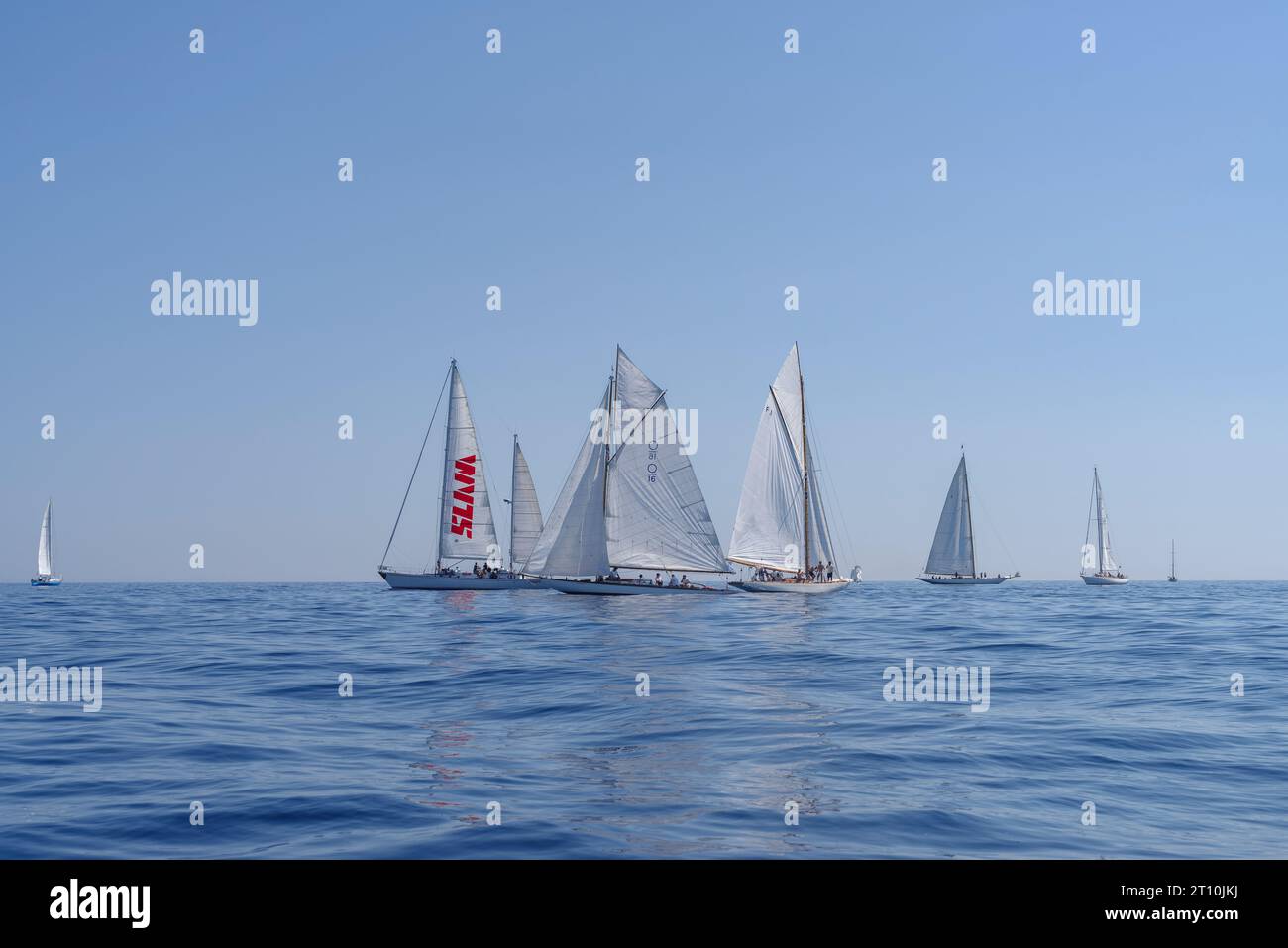 Sail yacht the old style, during regatta in Gulf of Imperia, Italy Stock Photo