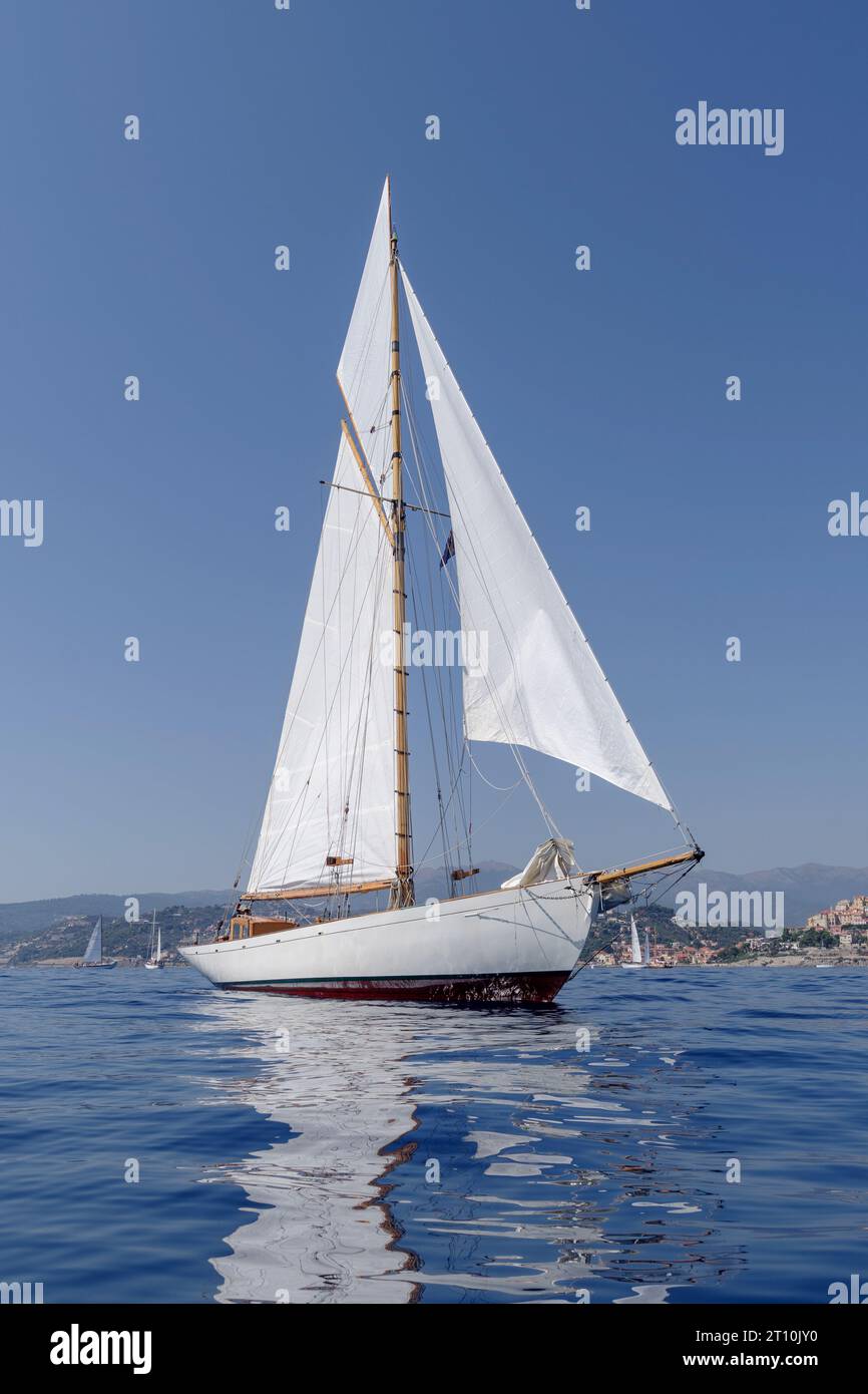 Sail yacht the old style, during regatta in Gulf of Imperia, Italy Stock Photo