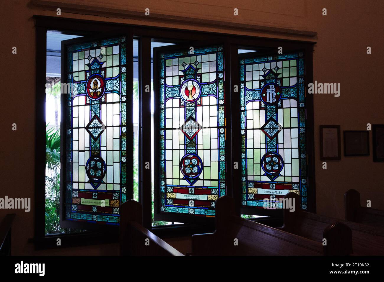 OPening Stained Glass Windows at St Paul's Episcopal Church, 410 Duval Street, Key West, Florida, USA Stock Photo
