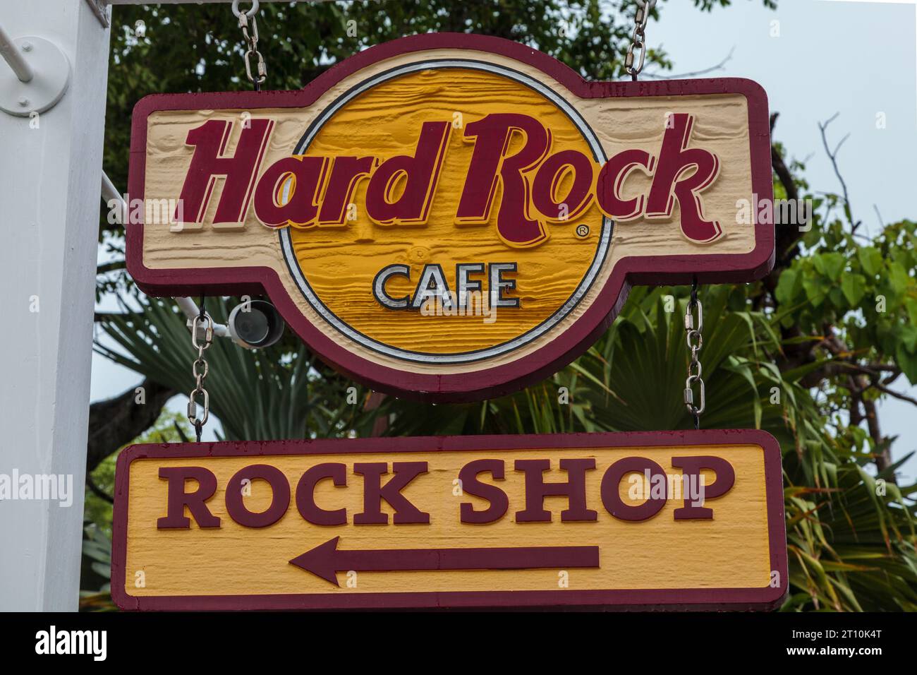 The Hard Rock Cafe and Rock Shop sign board and logo, Duval Street, Key West, Florida, USA Stock Photo