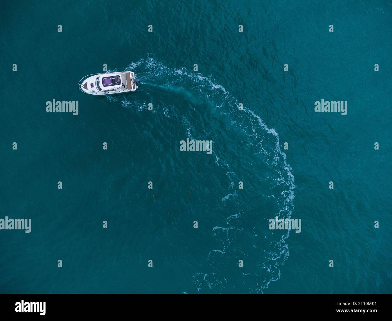 Aerial top view of speed motor boat on open blue sea Stock Photo - Alamy