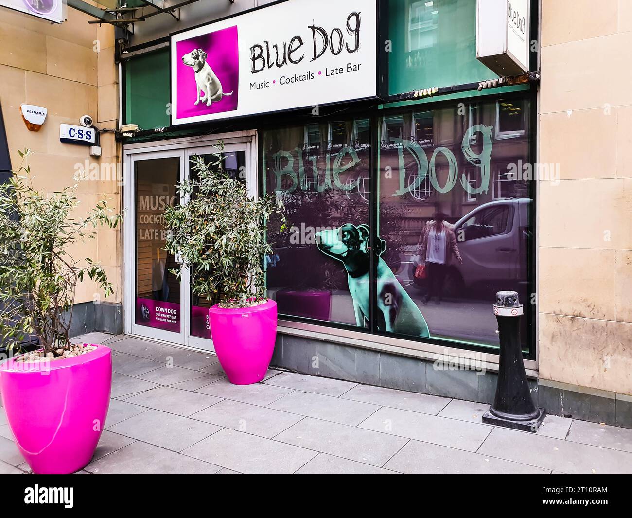 Glasgow, Lanarkshire / Scotland UK – 02 06 2020: exterior of Blue Dog Bar for classic contemporary cocktails and live jazz with well-worn night time c Stock Photo