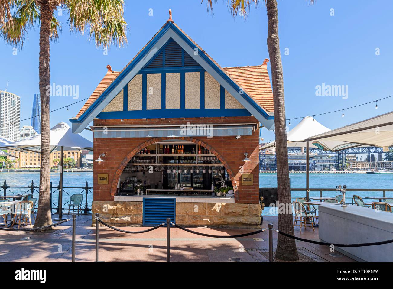 Old waterfront Kiosk, now part of the Whalebridge restaurant, in Sydney on Circular Quay East, Sydney,  New South Wales, Australia Stock Photo