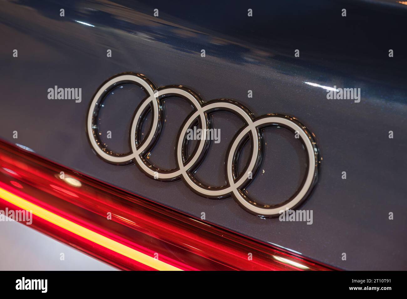 Audi electric car logo emblem close up Stock Photo Alamy