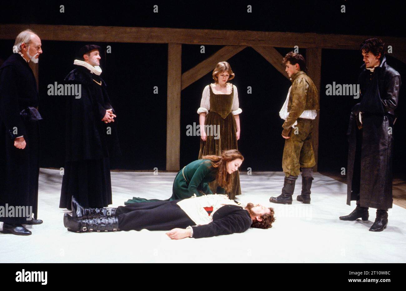standing, l-r: Jeffery Dench (Franklin), Paul Webster (Mayor), Cathy Finlay (Susan), Mark Rylance (Michael), Robert O'Mahoney (Mosby)  front centre: Jenny Agutter (Alice), Bruce Purchase (Arden) in ARDEN OF FAVERSHAM  by Anonymous at the Royal Shakespeare Company (RSC), The Other Place, Stratford-upon-Avon, England  30/03/1982 music: Nigel Hess  design: Kandis Cook  fights: Ian McKay  director: Terry Hands Stock Photo