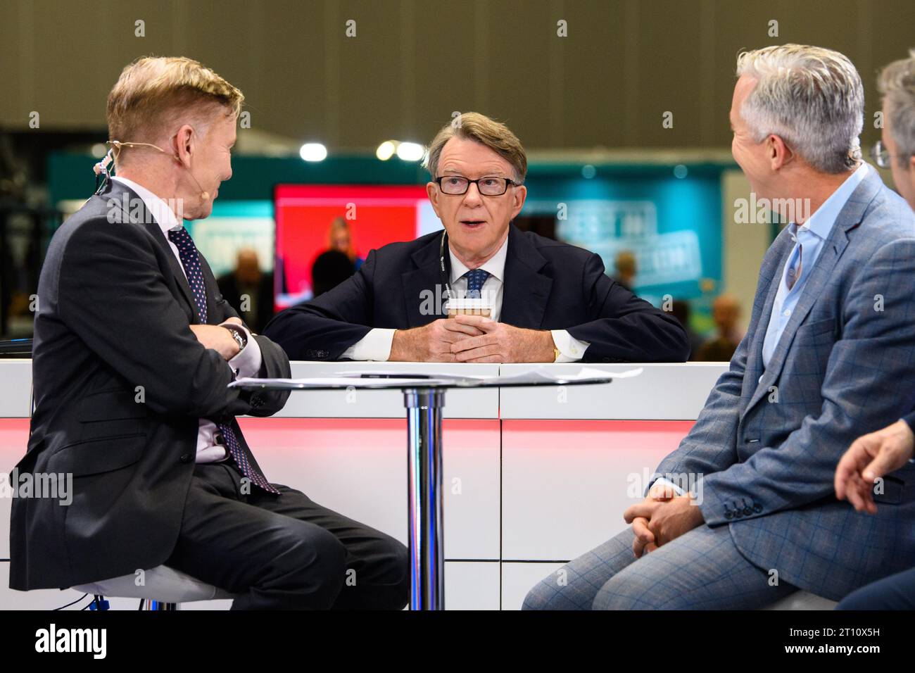 London, UK. 10 October 2023. Peter Mandelson speask to presenters from GB News during the Labour Party Conference in Liverpool. Photo credit should read: Matt Crossick/Empics/Alamy Live News Stock Photo