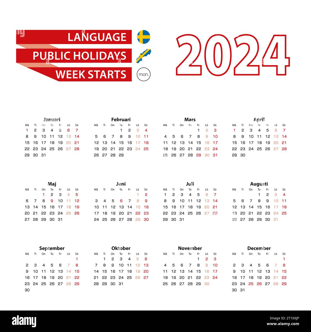 Calendar 2024 in Swedish language with public holidays the country of