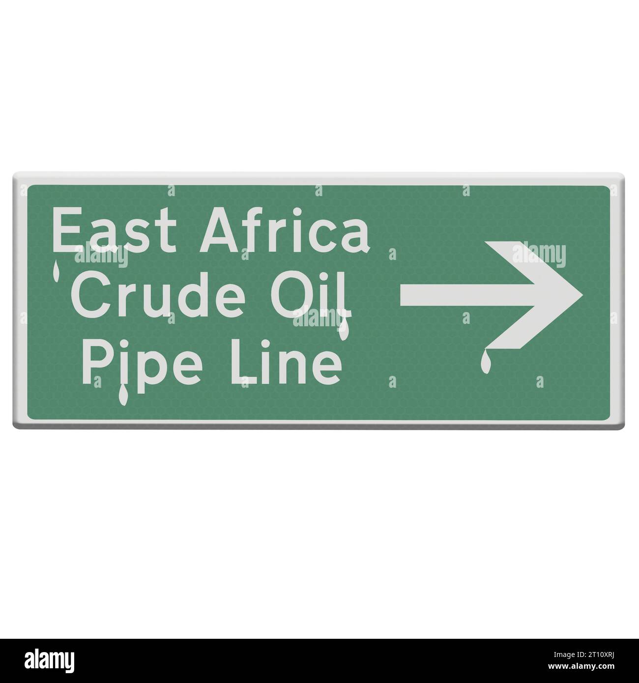 Illustration: Cartoon Road sign pointing towards the East Africa Crude Oil Pipe Line. EACOP. The East Africa Crude Oil Pipe Line is planned to pass through Uganda and Tanzania to the Indian Ocean at Tanga. The plan is controversial with campaigners against the project saying it will create great environmental risk at a time of climate change whilst agreements are being made to reduce carbon emissions. Illustration: Cartoon-Straßenschild in Richtung der Rohölpipeline Ostafrikas. EACOP. Die Ostafrika-Rohölpipeline soll durch Uganda und Tansania zum Indischen Ozean bei Tanga führen. Der Plan ist Stock Photo