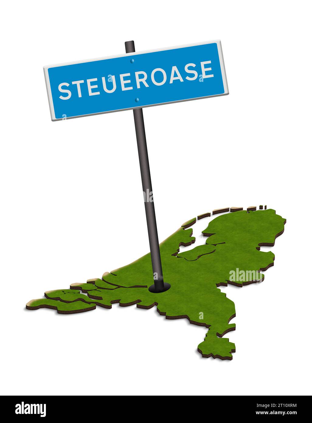 Abbildung - Verkehrszeichen Steueroase mit Karte der Niederlande. Die Niederlande werden häufig als Steueroase für Körperschaftsteuerzwecke angesehen. Innerhalb des Landes wird kritisiert, dass die Bürger zahlen, während Unternehmen eine kostenlose Fahrt erhalten. Credit: Imago/Alamy Live News Stock Photo