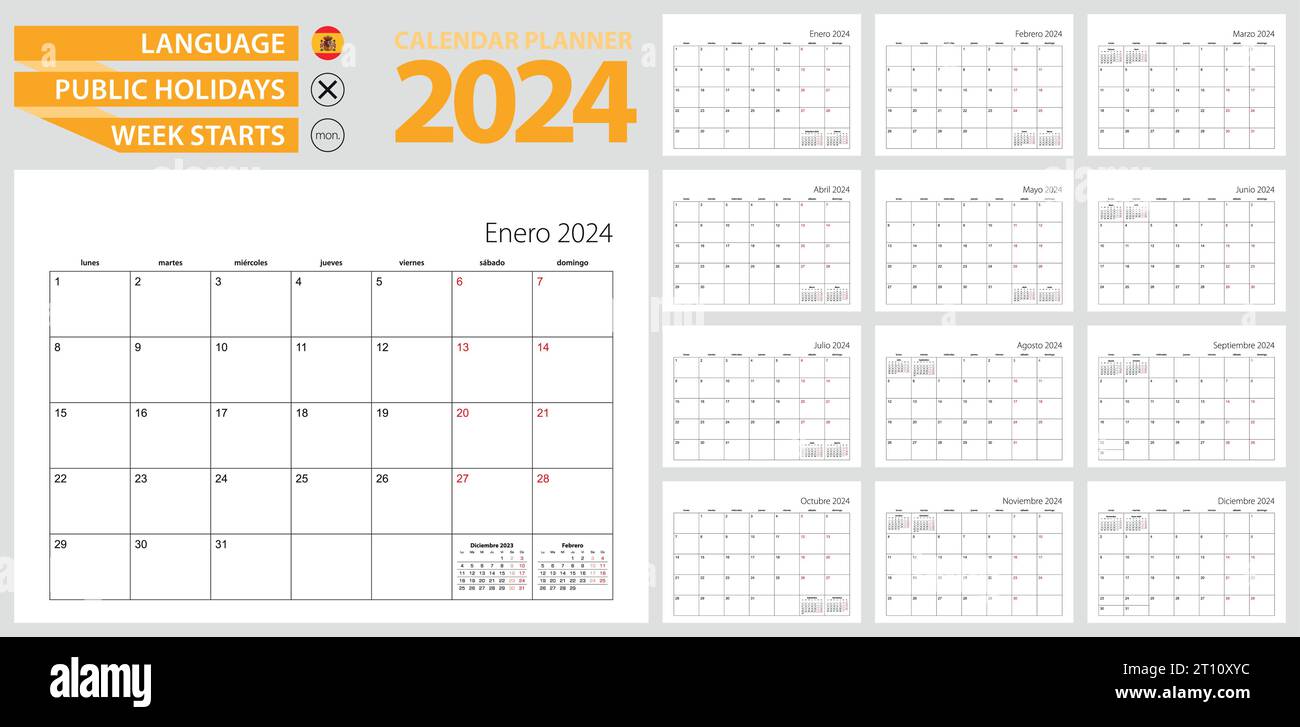 Spanish calendar planner for 2024. Spanish language, week starts from Monday. Vector template. Stock Vector