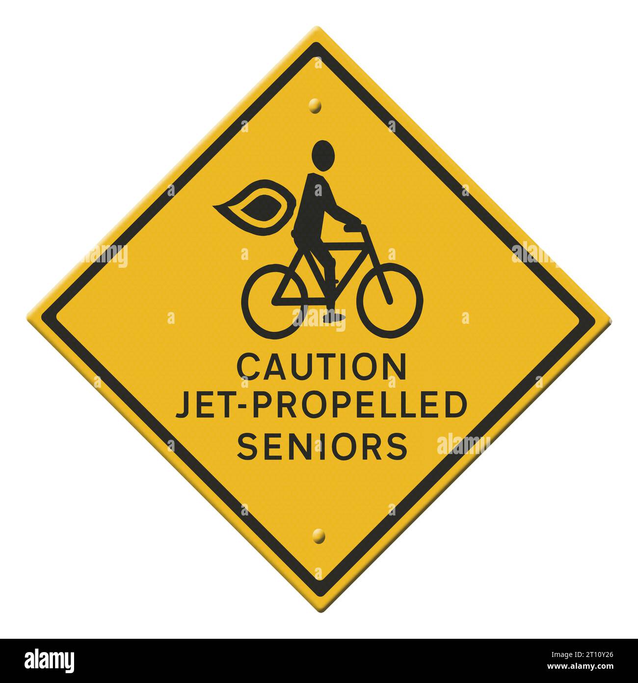 Digital composite Road sign. Jet-propelled seniors on bikes. Credit: Imago/Alamy Live News Stock Photo