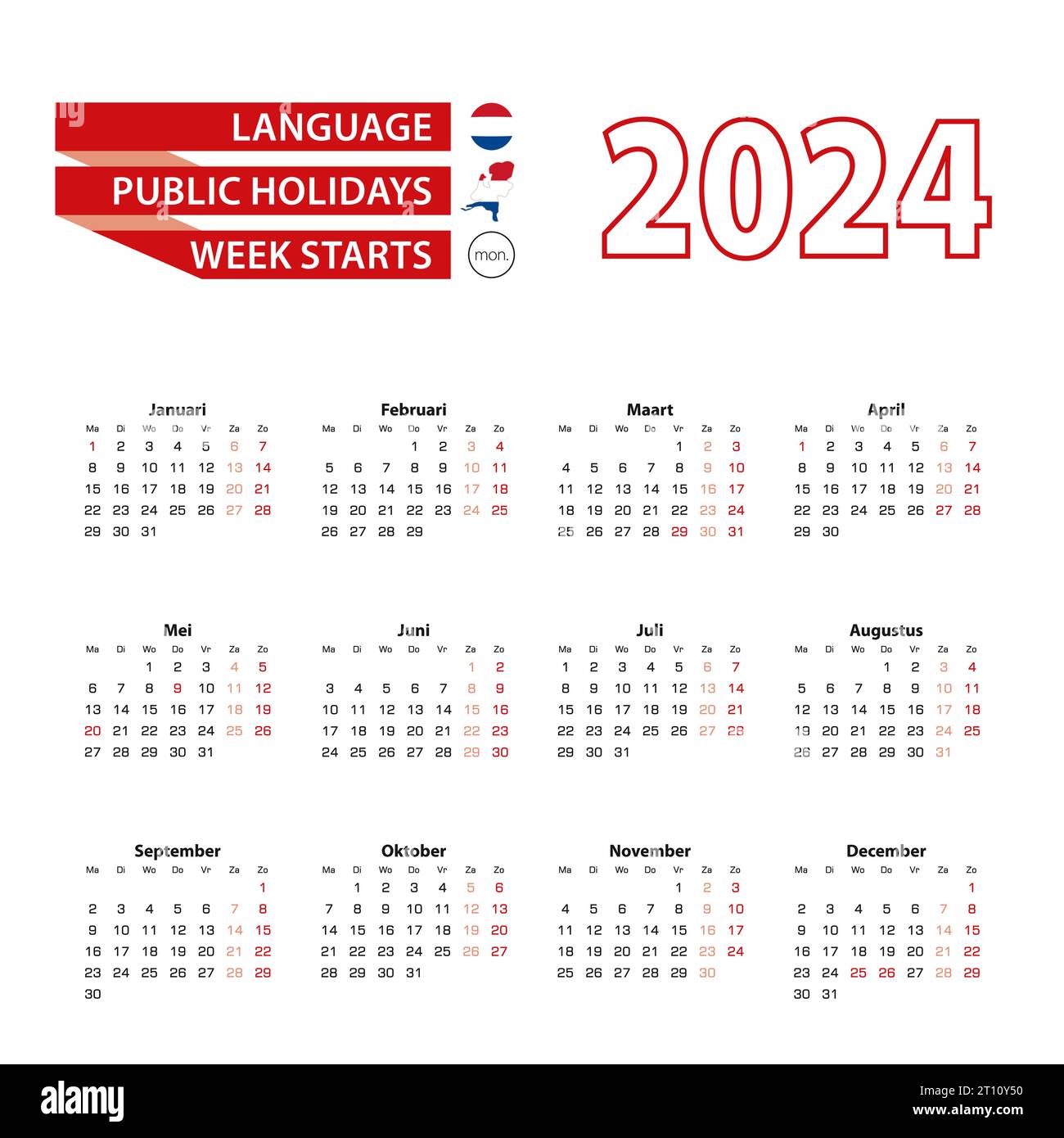 Calendar 2024 in Dutch language with public holidays the country of