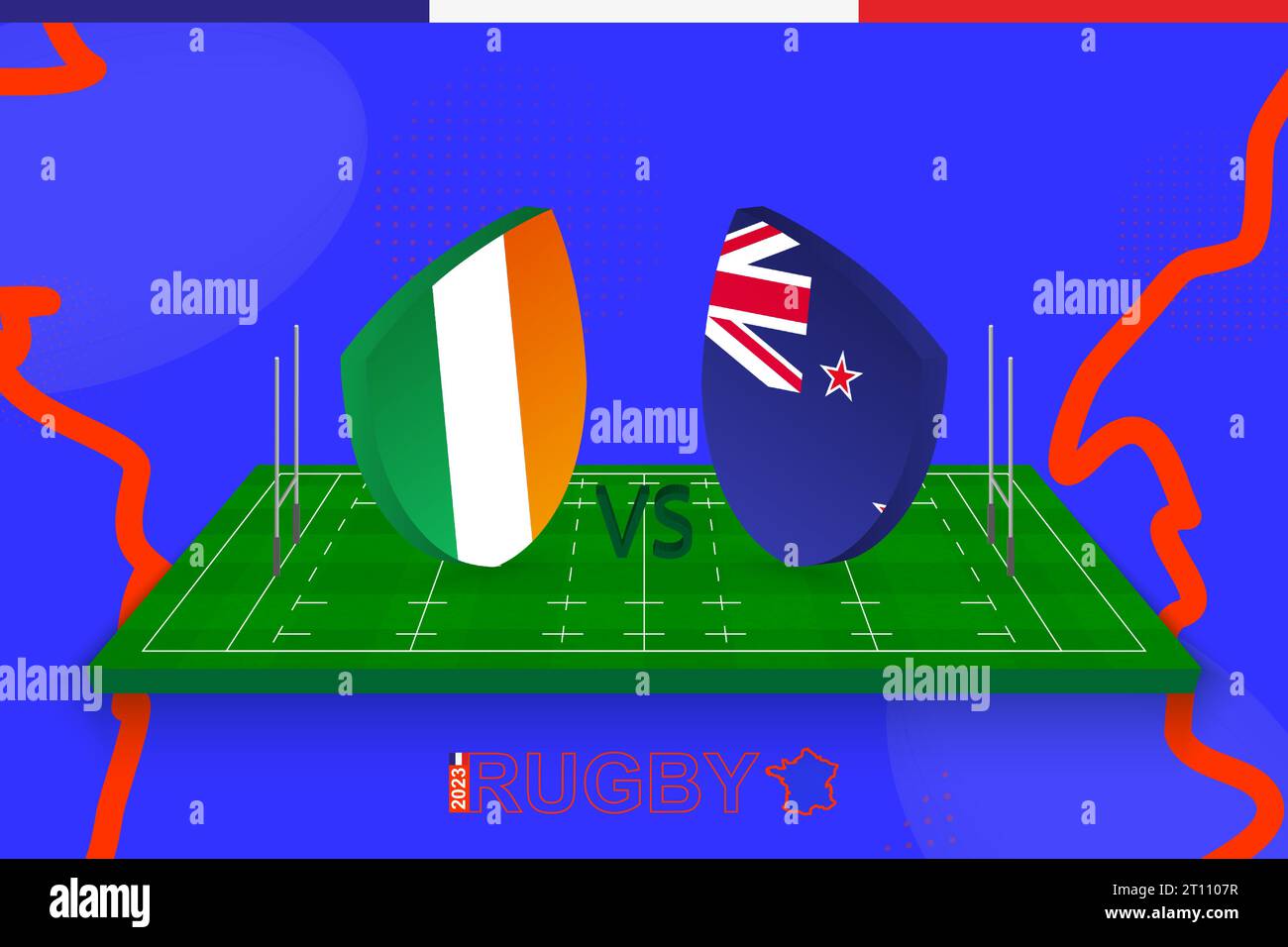 Rugby team Ireland vs New Zealand on rugby field. Rugby stadium on abstract background for Quarter-final of international championship. Vector templat Stock Vector