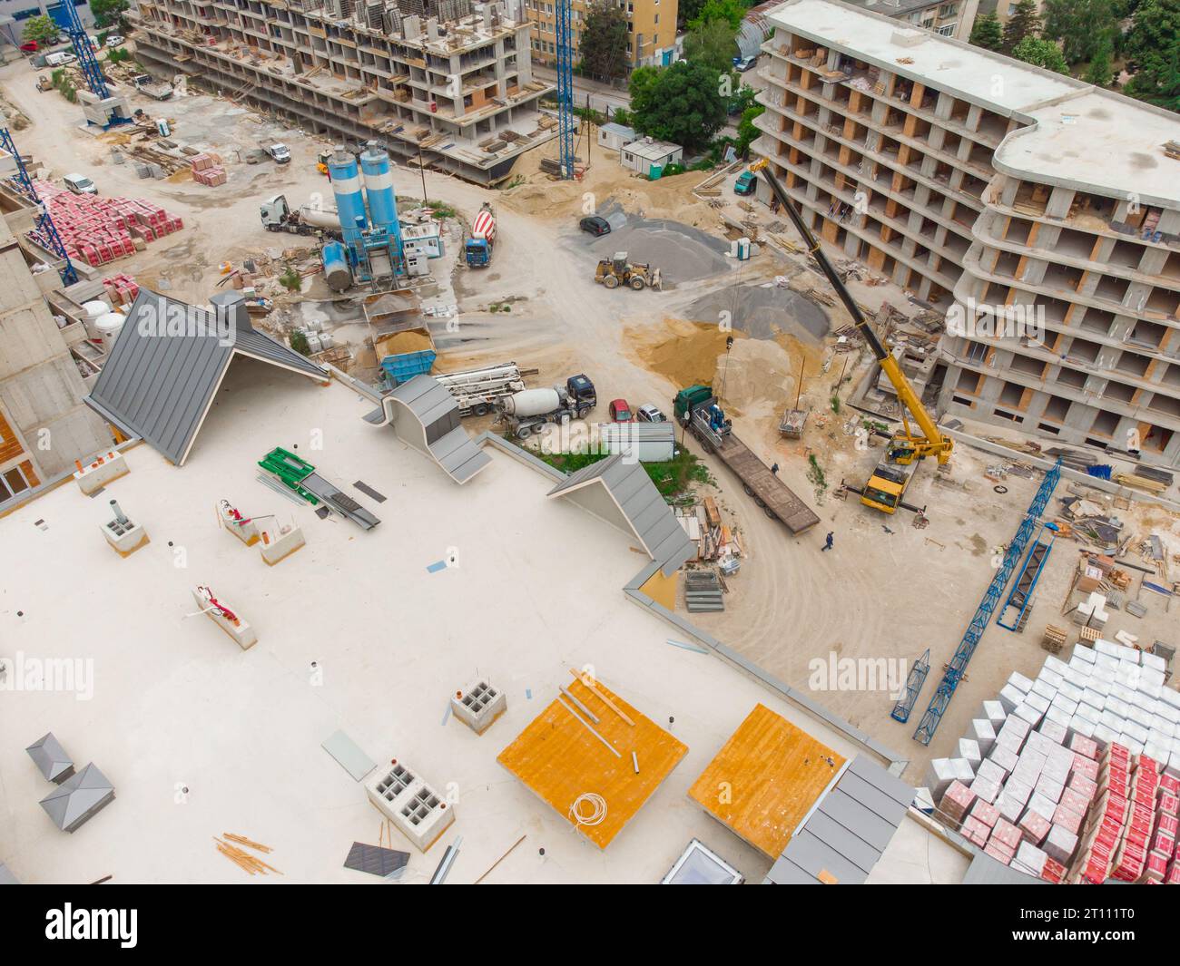 Busy Construction Site and Construction Equipment Aerial top view Stock ...