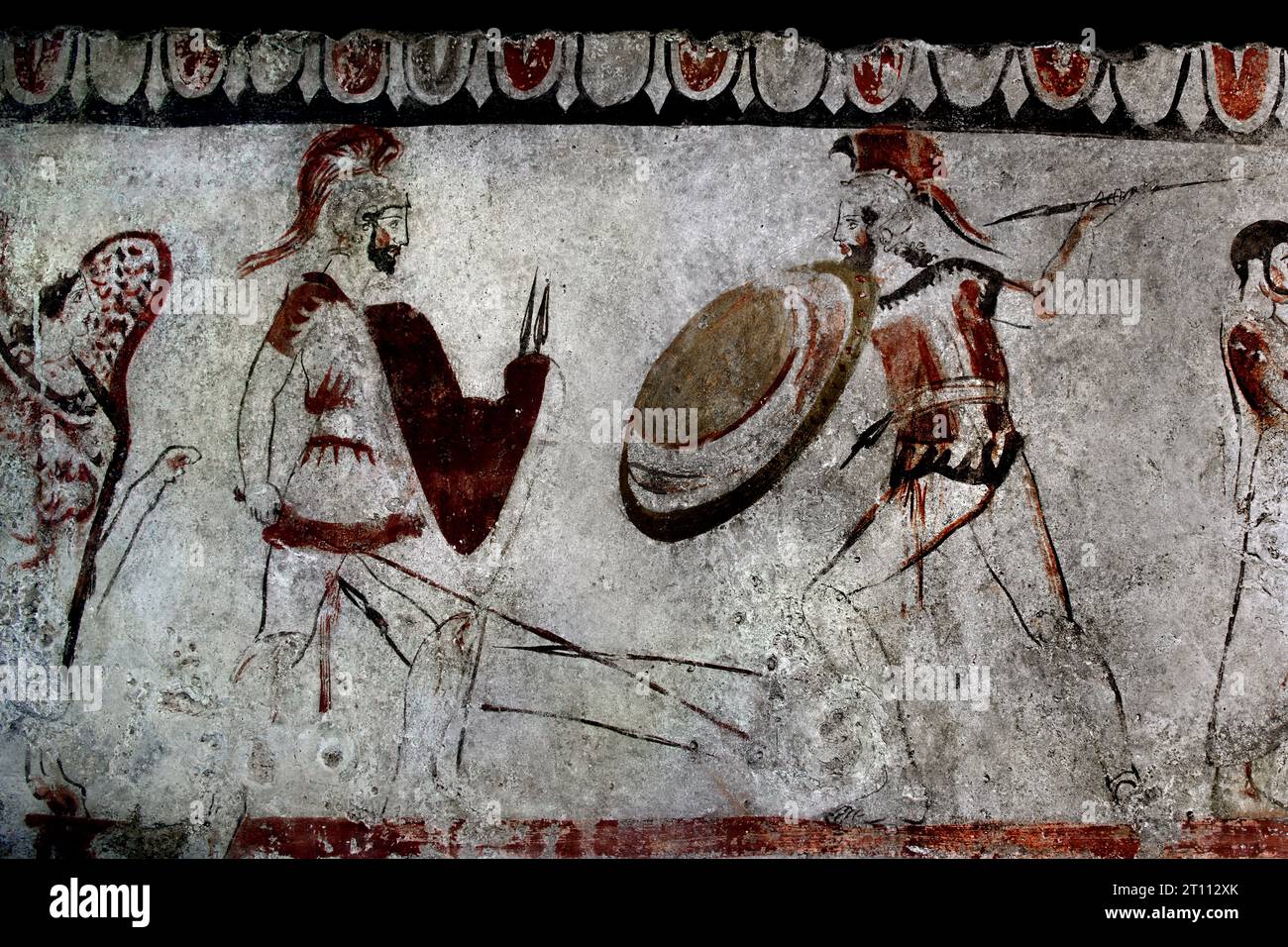 Warriors with a spear and a shield Lucanian fresco from the 4th century BC, from the Tomb of the Horseman, Lucanian fresco tomb,  The ruins of Paestum are famous for their three ancient Greek temples in the Doric order  550 to 450 BC Stock Photo