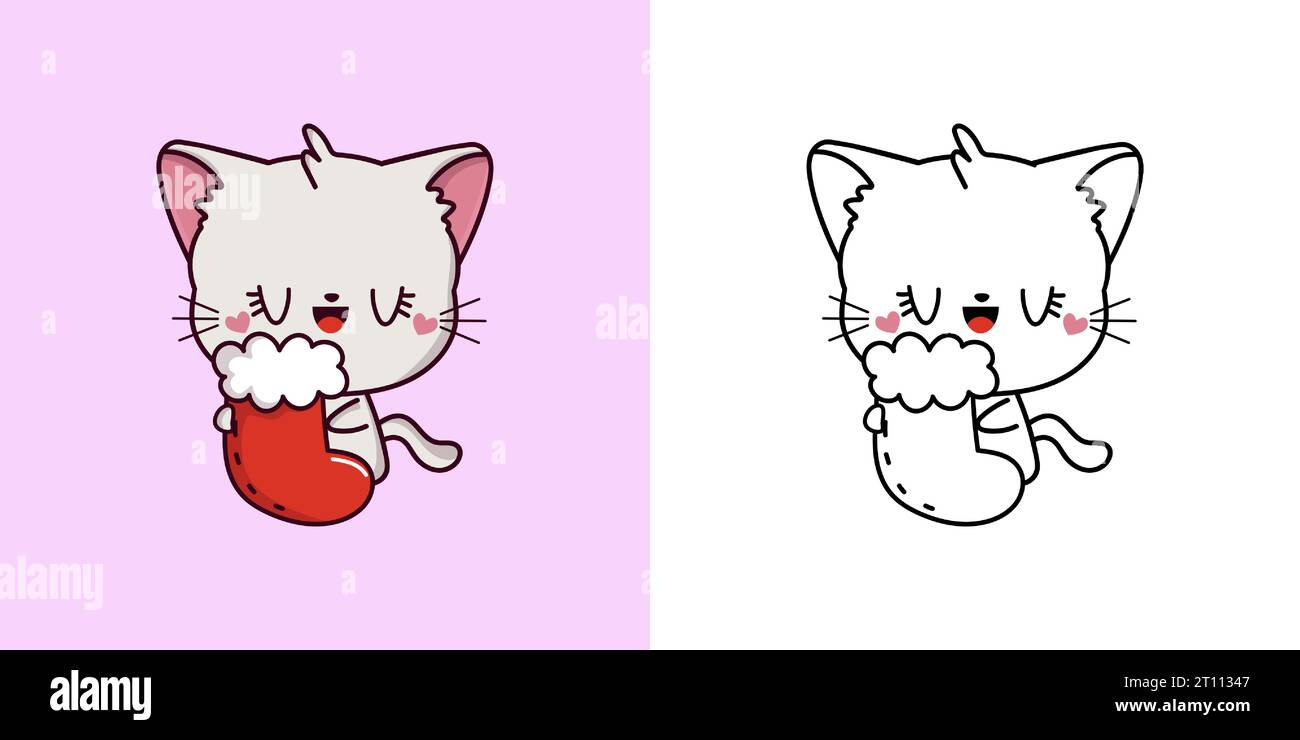 Set Christmas White Cat Multicolored and Black and White. Kawaii Clip ...