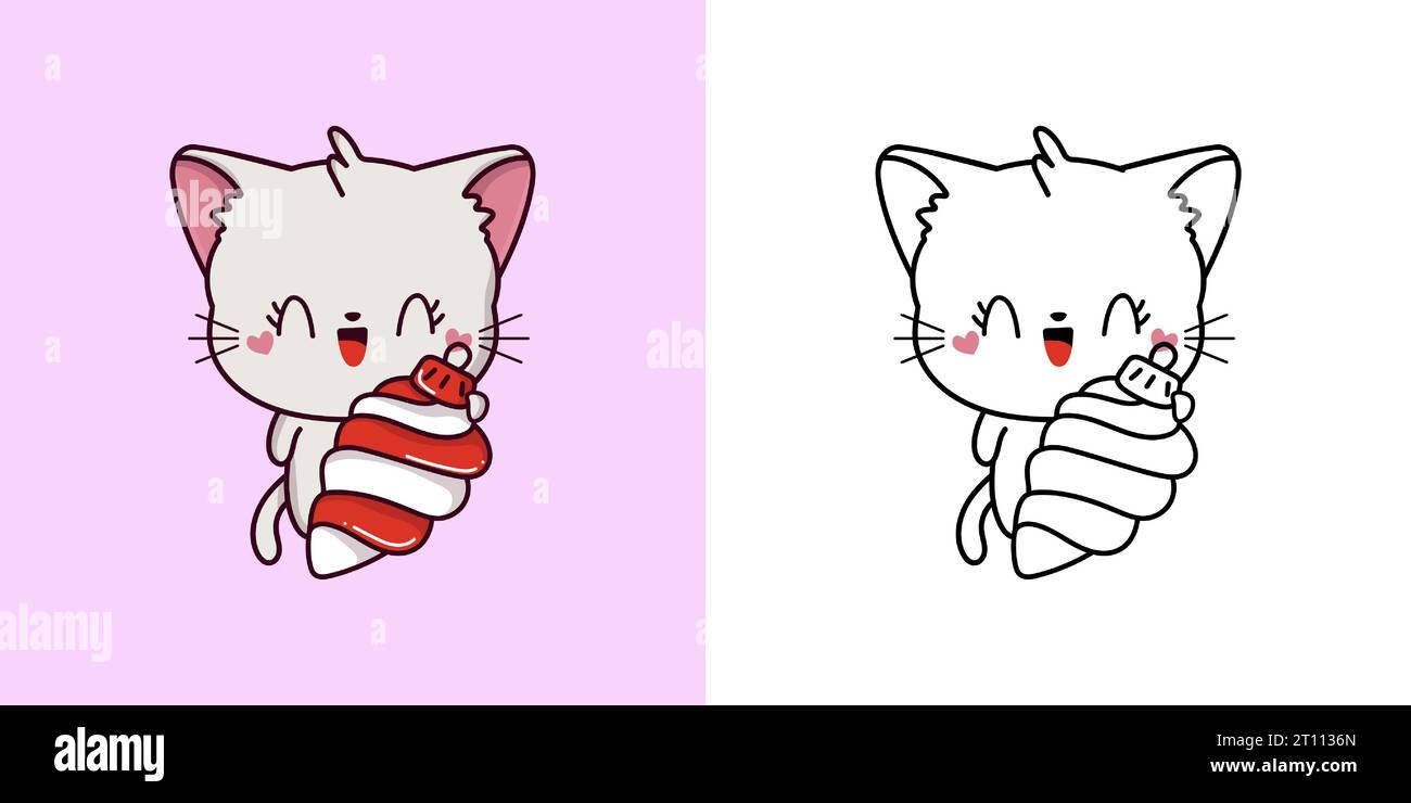 Cute Christmas White Cat Clipart Illustration and Black and White ...