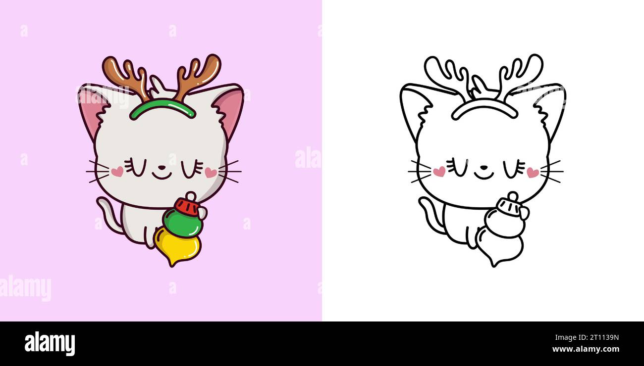 Clipart Christmas White Cat Multicolored and Black and White. Cute Clip ...