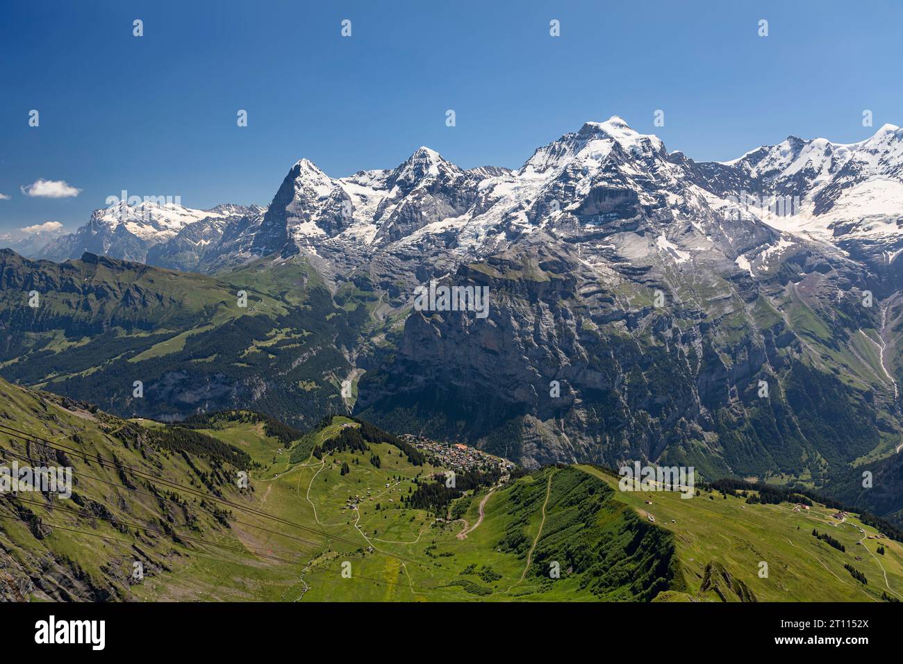 the mountains eiger monch and jungfrau above murren village in the ...