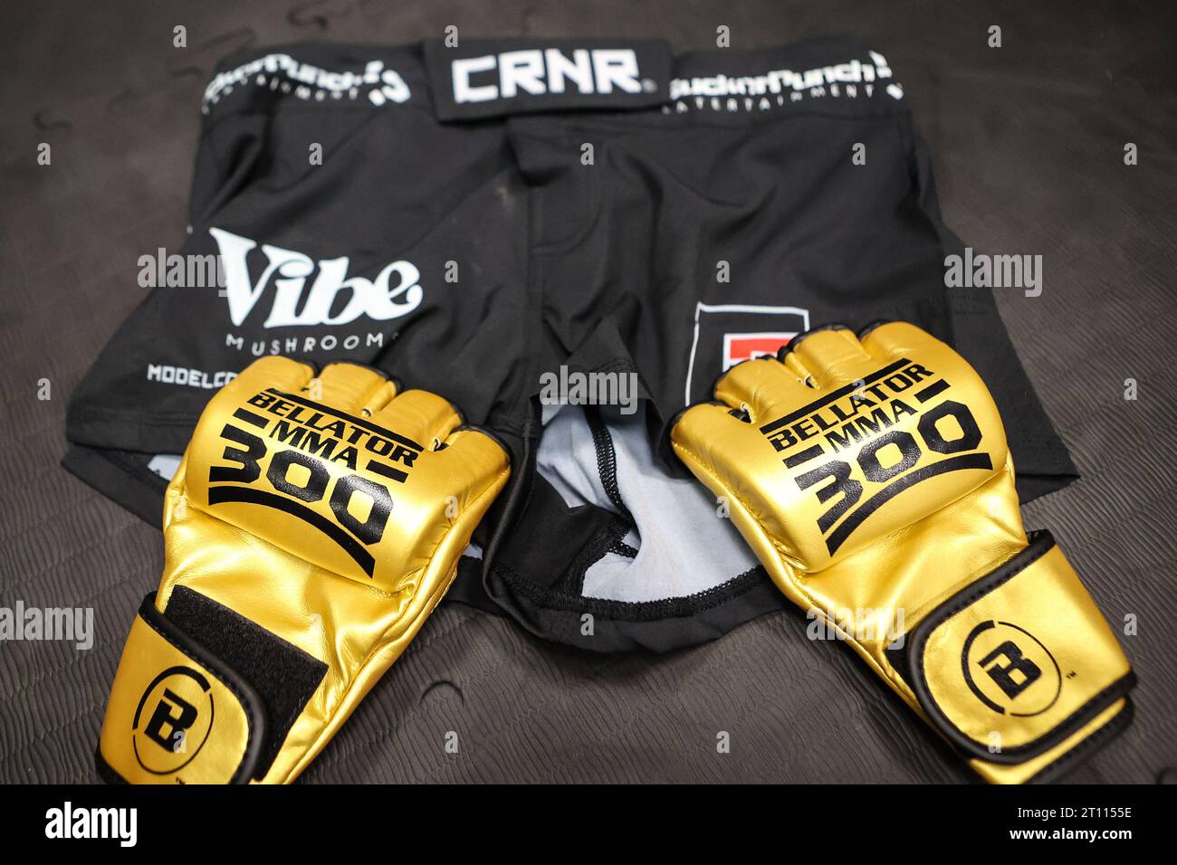 October 7, 2023: Bellator MMA 300 special edition gold gloves on
