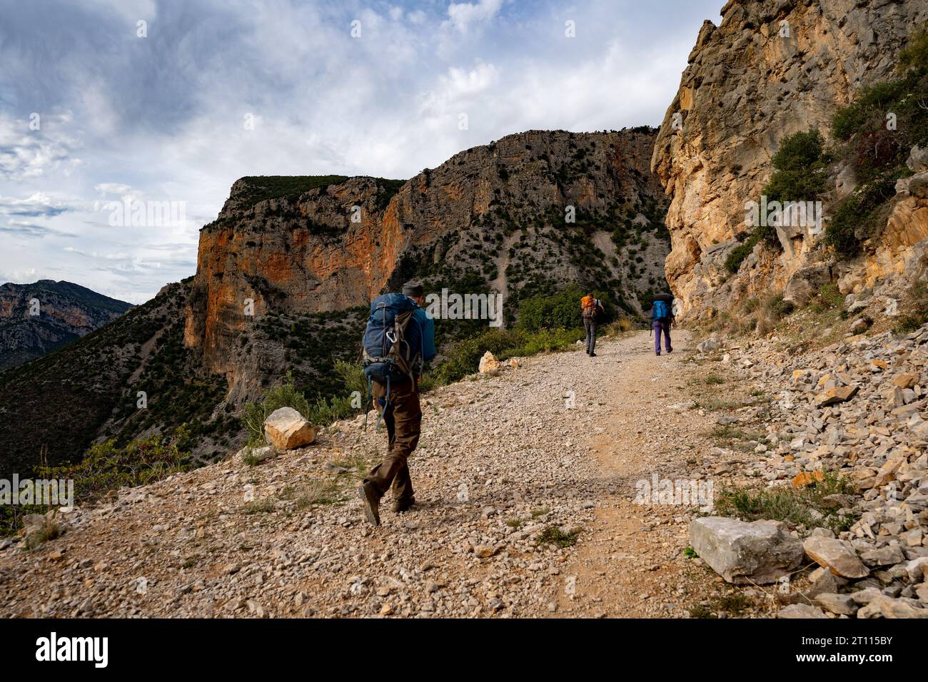 Hiking the approach to the rock climbing area in Leonidio, Greece.  Leonidio is a major rock climbing destination on the coast of Greece, about 4 hour Stock Photo