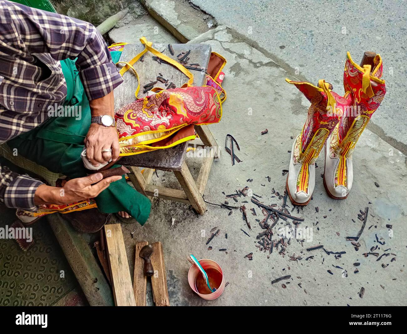 Traditional hand-made Tibetan-style boots, making progress. Stock Photo