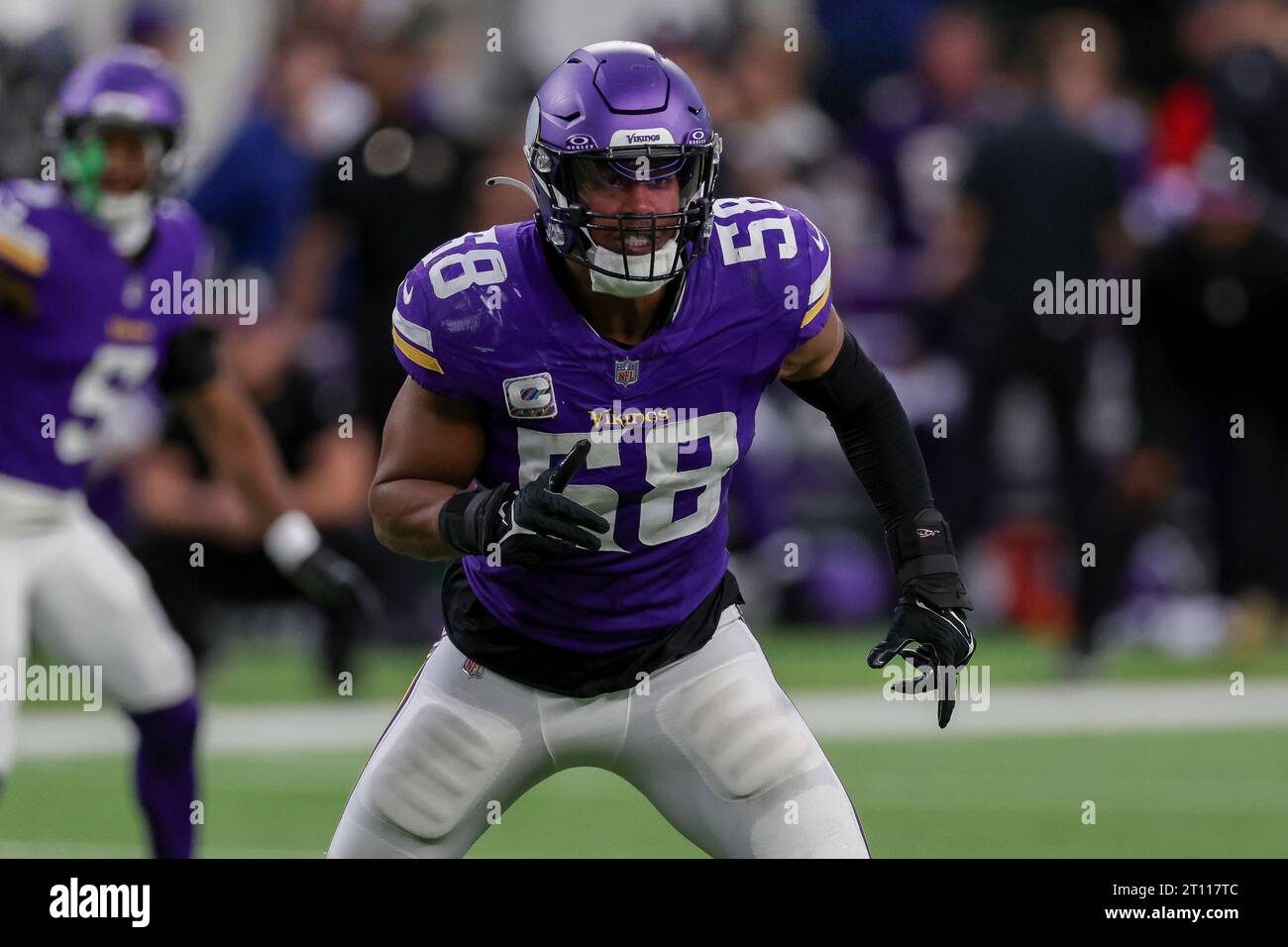 Minnesota Vikings Linebacker Jordan Hicks 58 In Action During The Minnesota Vikings Linebacker Jordan Hicks 58 In Action During The Second Half Of An Nfl Football Game Against The Kansas City Chiefs Sunday Oct 8 2023 In Minneapolis Ap Photostacy Bengs 2T117TC