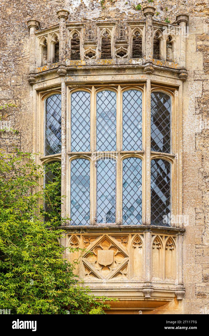 The latticed oriel window at Lacock Abbey photographed in 1835 by William Henry Fox Talbot to produce the first known photographic negative, Lacock UK Stock Photo