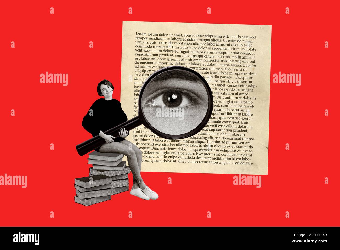 Creatve collage banner poster of lady hold magnifying glass reading book from bookstore buy on black friday bargain Stock Photo