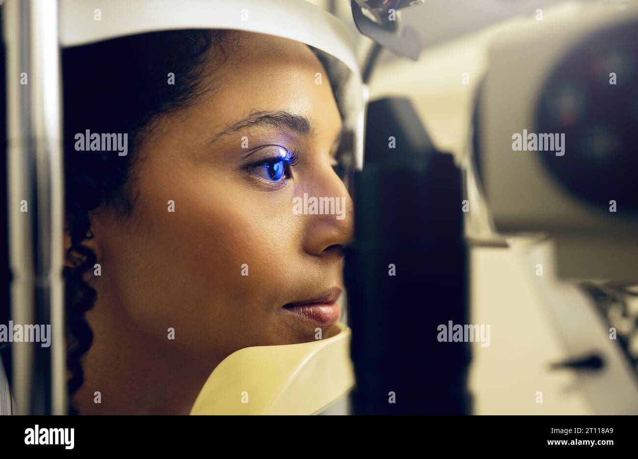 Woman, eye test and opthalmology at clinic for vision, cataract and
