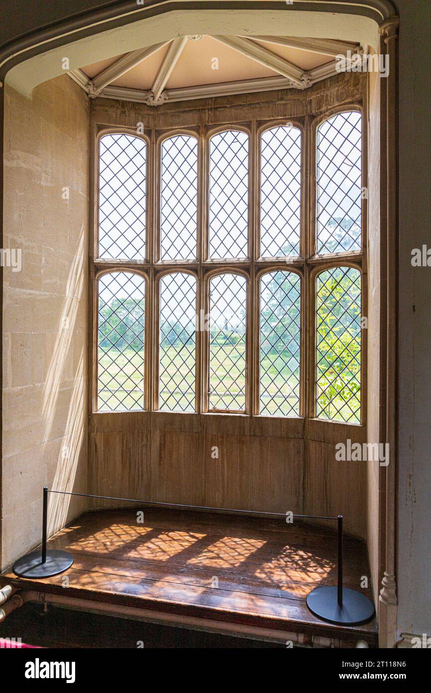 The latticed oriel window at Lacock Abbey photographed in 1835 by William Henry Fox Talbot to produce the first known photographic negative, Lacock UK Stock Photo
