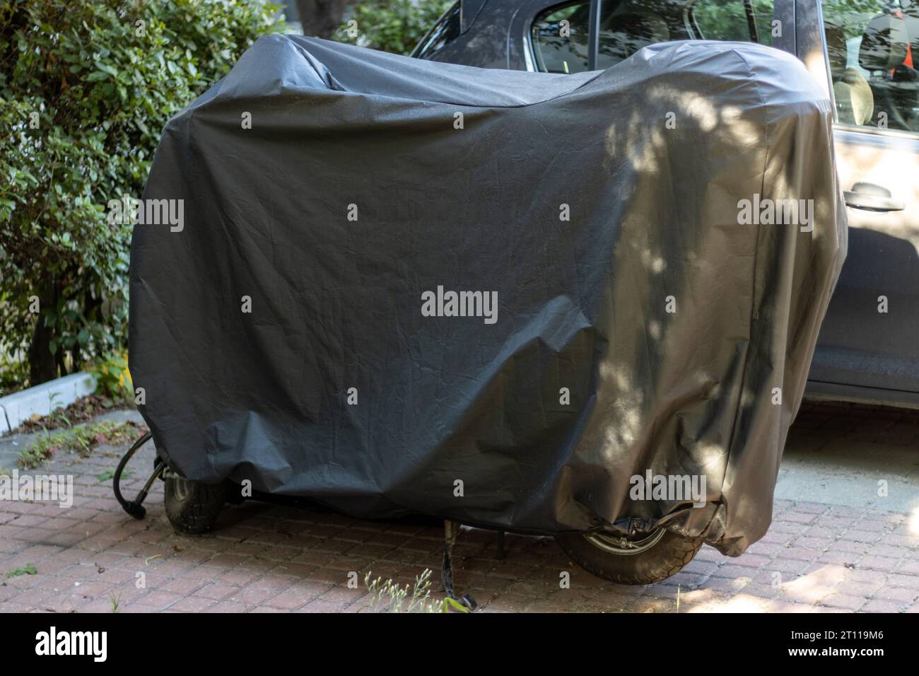 Motorcycle cover, tarpaulin, case. Waterproof motorcycle protection cover Stock Photo