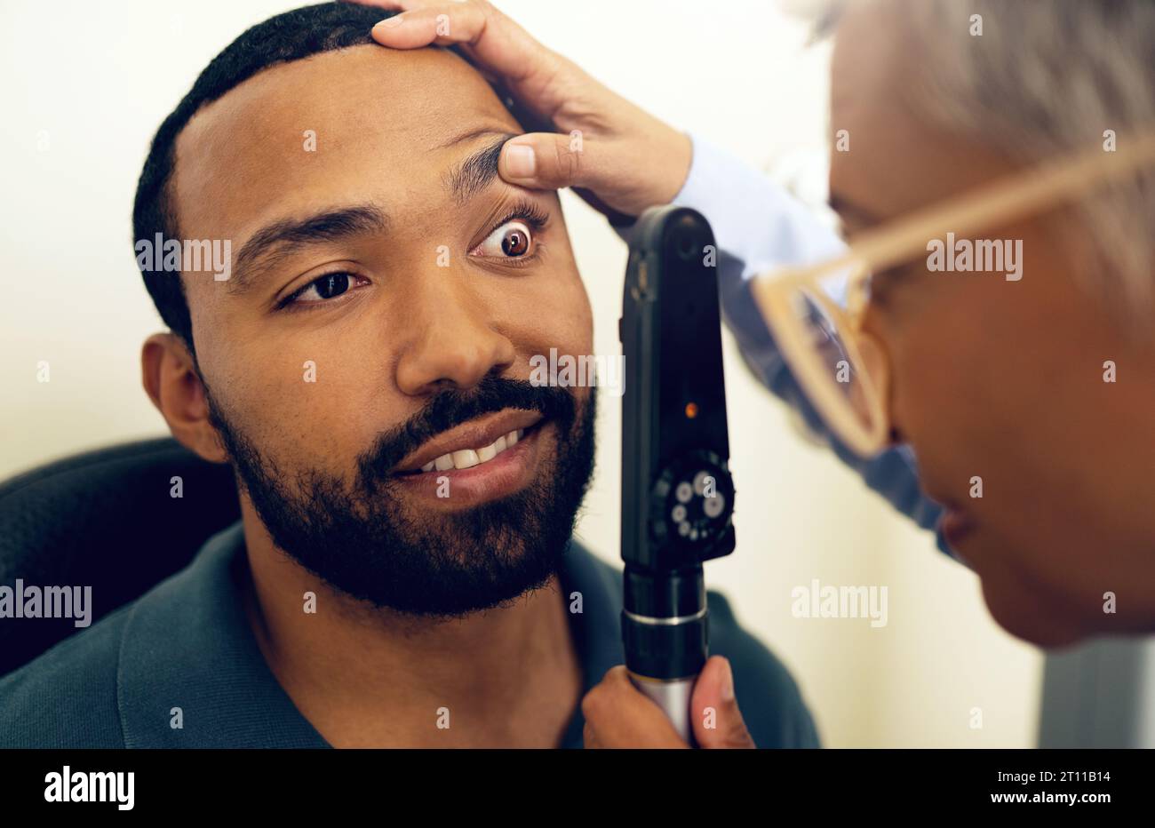 Vision, patient eyes and optometrist with ophthalmoscope for